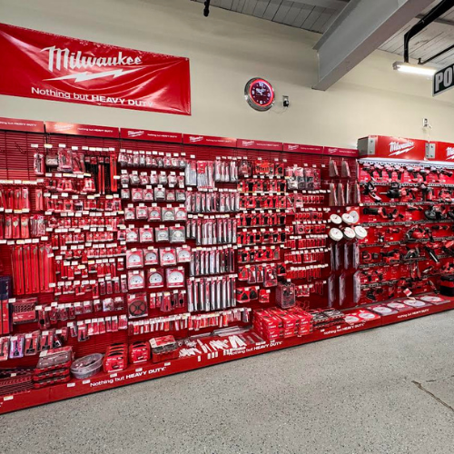 A display of Milwaukee tools within Village Hardware & Rental.
