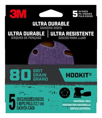3M Ultra Durable 5 in. Ceramic Hook and Loop Sanding Disc 80 Grit Universal Hole Power, DISC5IN5PK80