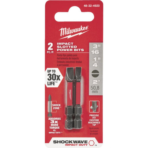 Milwaukee Shockwave 3/16 In. and 1/4 In. Slotted 2 In. Power Impact Screwdriver Bit Set (2-Pack)