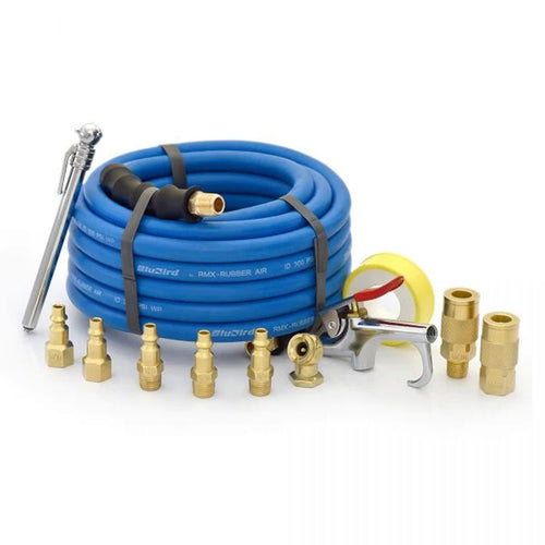 BluBird Industries Rubber Air Hose Assembly w/ 10 Pc Brass Accessory Kit (3/8 x 25')