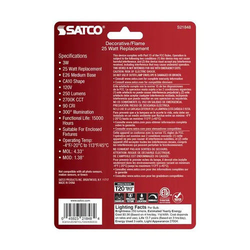 Satco S21848 3 Watt CA10 Medium Base LED Bulb