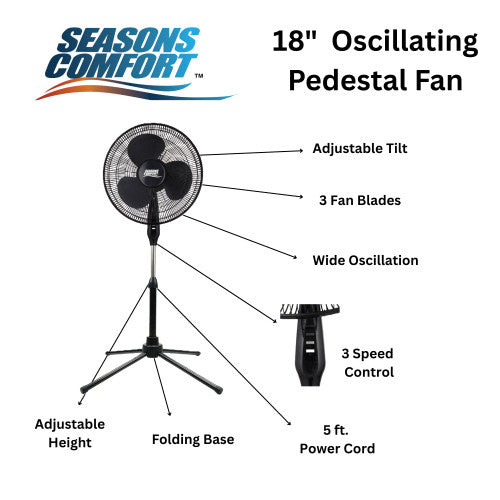 Seasons Comfort Seasons Comfort 18 Inch Oscillating Pedestal Fan, 3 Speeds, Adjustable Height