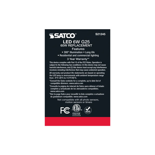 Satco Products S21245 6G25/LED/CL/927/120V/2PK