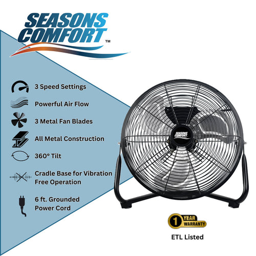 Seasons Comfort 14 Inch High-Velocity Metal Fan 360 Degree Tilt 3 Speeds FHV14