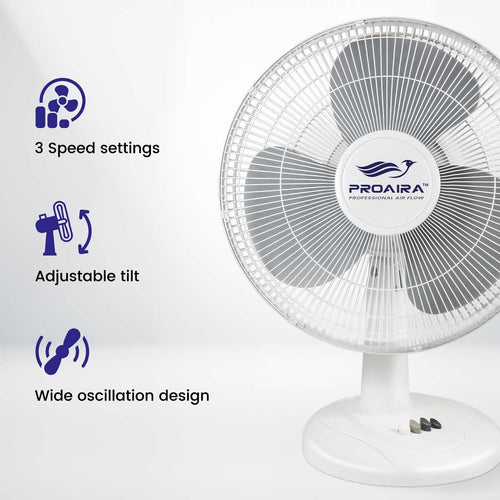 Proaira 16 Oscillating Table Fan with Adjustable Tilt, 3 Speed Control, White