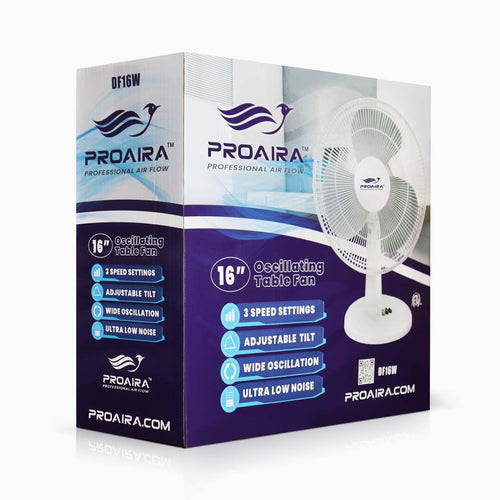 Proaira 16 Oscillating Table Fan with Adjustable Tilt, 3 Speed Control, White